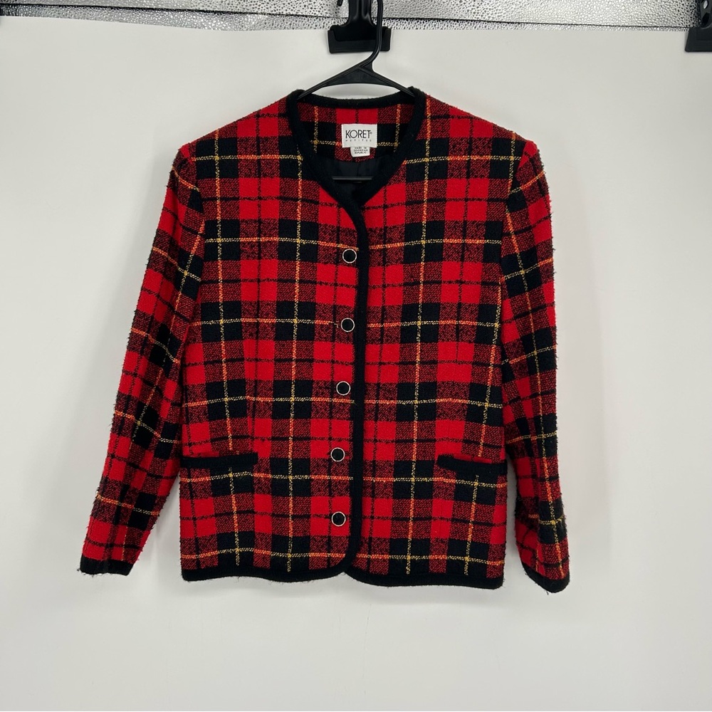 Vintage Koret Red Plaid Collarless Blazer Jacket Wool Blend Size 8P